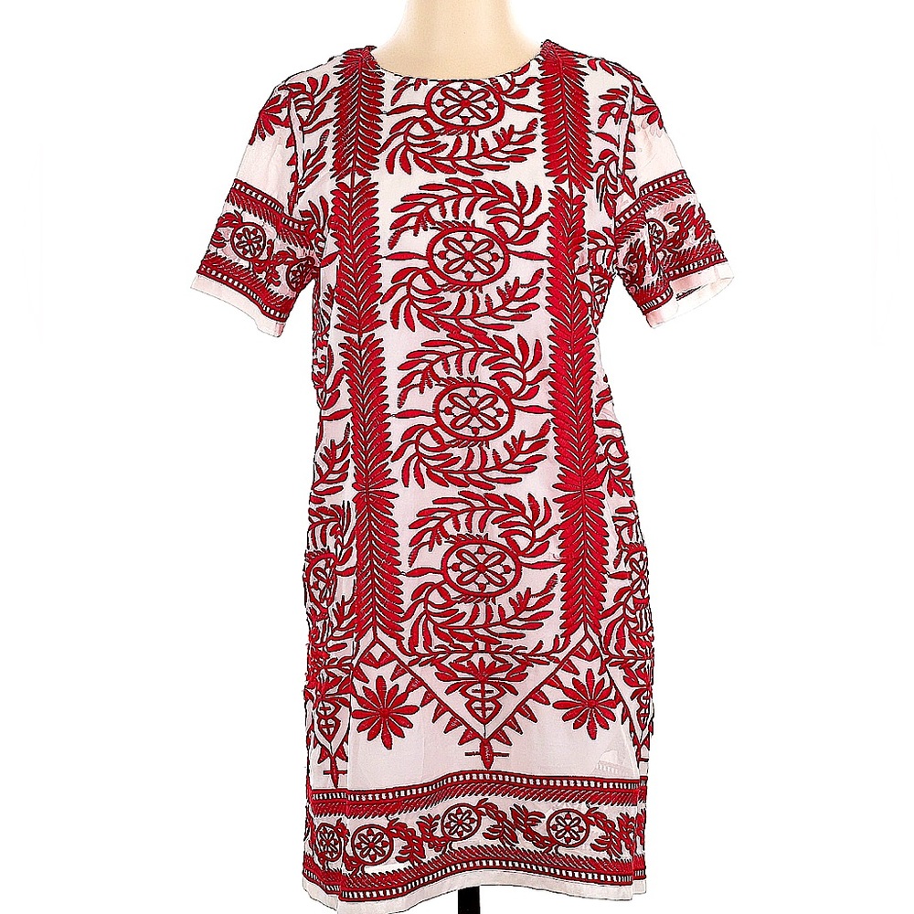 Red Embroidered Mini Dress - Women's Short Sleeve